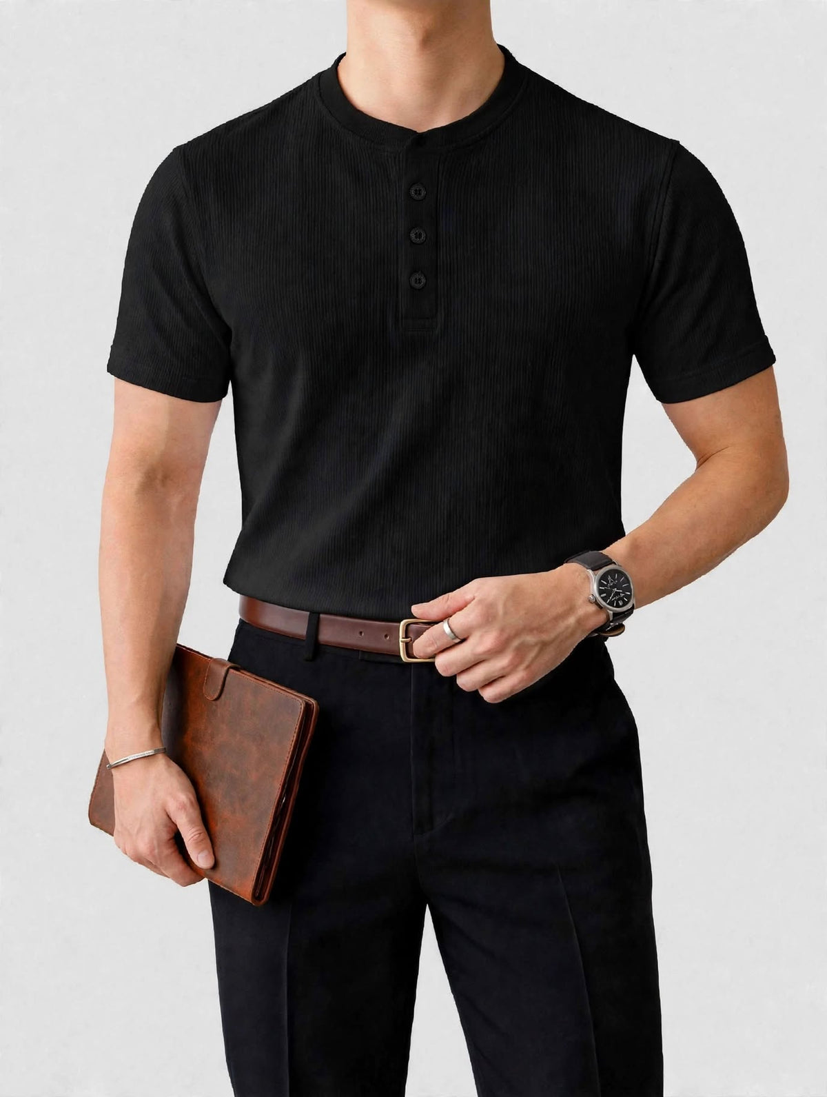 munVR Black Ribbed Henley Black Ribbed Henley